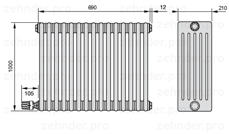 Схема (чертеж) Радиатор Zehnder Charleston 6100/15 №V003 Белый глянцевый RAL 9016